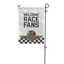 Load image into Gallery viewer, Welcome Race Fans Garden Flag with Indianapolis Motor Speedway Wing and Wheel. 

