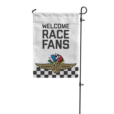 Welcome Race Fans Garden Flag with Indianapolis Motor Speedway Wing and Wheel. 