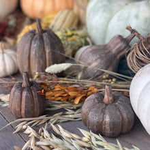 Load image into Gallery viewer, Wide Wood Carved Fall Pumpkin
