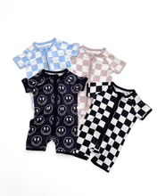 Load image into Gallery viewer, Baby Bamboo Shorty Romper | Black Checkered