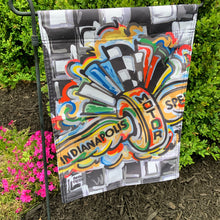Load image into Gallery viewer, Indianapolis Motor Speedway Wing and Wheel Garden Flag (12”x18” in.) by Justin Patten