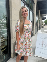 Load image into Gallery viewer, floral dress with pink green white ties in back