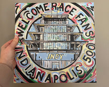 Load image into Gallery viewer, Indianapolis Motor Speedway 12"x12" Welcome Race Fans Pagoda Wrapped Canvas Print by Justin Patten
