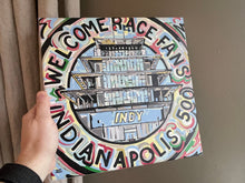 Load image into Gallery viewer, Indianapolis Motor Speedway 12"x12" Welcome Race Fans Pagoda Wrapped Canvas Print by Justin Patten
