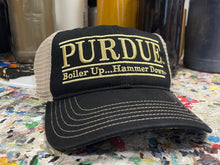 Load image into Gallery viewer, Purdue University Trucker Hat with Art Under Bill by Justin Patten (Black) (Boiler Up... Hammer Down)