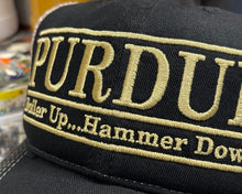 Load image into Gallery viewer, Purdue University Trucker Hat with Art Under Bill by Justin Patten (Black) (Boiler Up... Hammer Down)