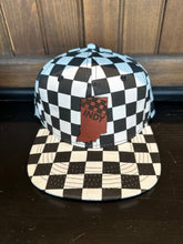 Load image into Gallery viewer, Indy Kids hat--black and white checkered with leather patch of Indiana on front. Flat bill. Fits most kids 18 months-6 years.