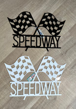 Load image into Gallery viewer, Speedway and race flags metal sign in black or white. 
