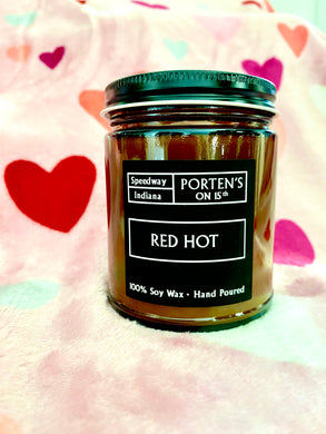 Red Hot scented candle in a 7.5 oz jar.