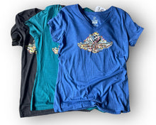Load image into Gallery viewer, Indianapolis Motor Speedway Wing and Wheel Women's V-Neck Tee by Justin Patten (3 Colors)