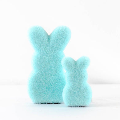 Fuzzy blue Easter bunny shown in small and large.  Lightweight and easy to display anywhere. Resembles a Peep. :) 