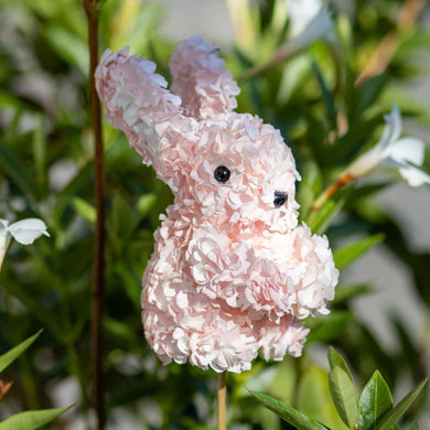 Light pink hydrangeas pick in the shape of a bunny. Perfect for spring and Easter!