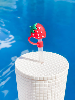 Silicone red strawberry straw topper--perfect to add some fun to your drink. 