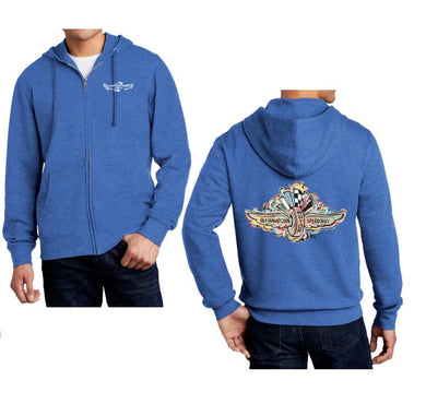 IMS Wing and Wheel blue zip up with Indianapolis Motor Speedway logo large on back and small on front left chest