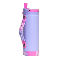 Load image into Gallery viewer, Side view of 14 oz bottle in Lilac Tie Dye.  It has a pink straw, a fidget popper handle, and pink accents. 
