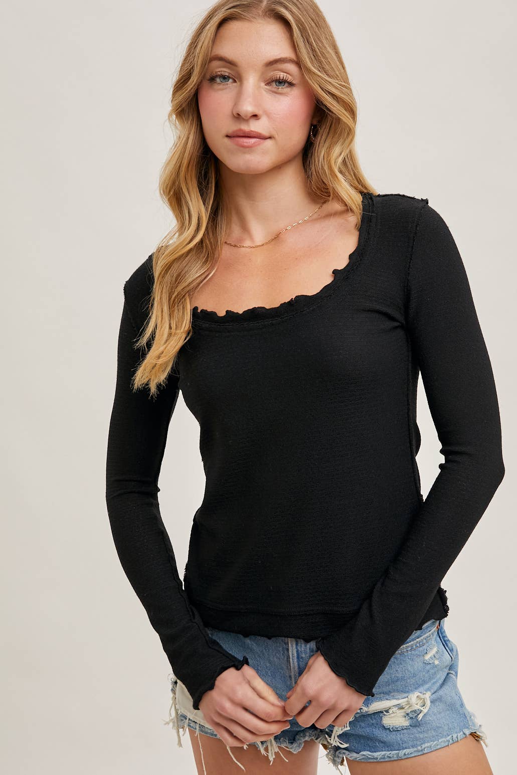 Scoop Neck Long Sleeve Top | Black or Vanilla