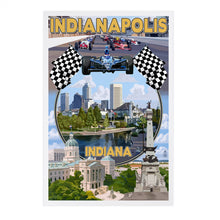 Load image into Gallery viewer, Postcard with Indianapolis in yellow at top and montage scenes from the city below. Shows Indy cars and checkered flags, the downtown skyline and the Canal, and Monument Circle.
