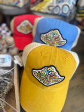Load image into Gallery viewer, Beach wash trucker IMS hat by Justin Patten-yellow, blue, red 

