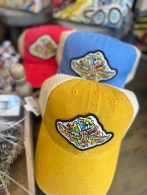Beach wash trucker IMS hat by Justin Patten-yellow, blue, red 