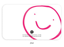 Load image into Gallery viewer, Back of white notecard with a big pink smiley face on the right side. 
