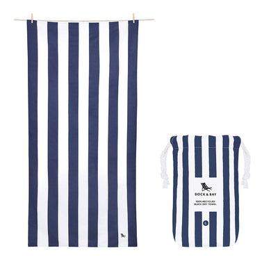 Quick Dry towel from Dock & Bay. Blue and white striped. 