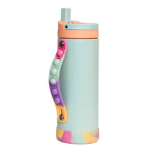 Load image into Gallery viewer, Side view of the 14 oz fidget bottle with the fidget handle out.  The bottle is mostly mint green with a peach lid.  The straw is mint green.  
