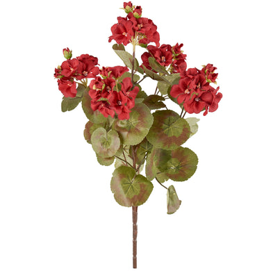 Faux red geranium pick with greenery. 