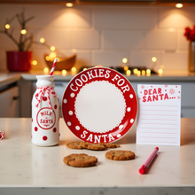 Load image into Gallery viewer, Cookies for Santa Set – Christmas Eve Plate, Milk Jug, Straw &amp; “Dear Santa” Notepad
