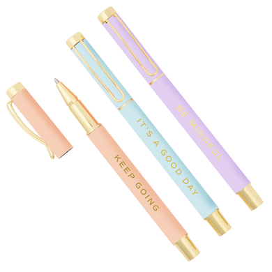 Be Mindful pen set-3 pens that say Keep Going, It's a Good Day, and Be Mindful