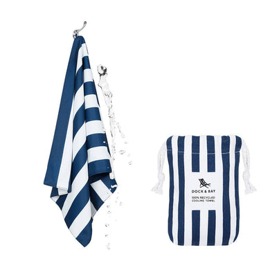 Cooling towel from Dock & Bay.  Perfect for the heat.  Blue and white striped.  