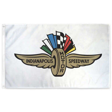 White 3x5 flag with the Indianapolis Motor Speedway Wing and Wheel logo in the center. 