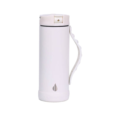 White drink bottle (14oz) with fidget/sensory handle.  Keeps drinks hot/cold. 