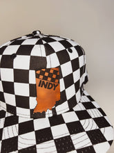 Load image into Gallery viewer, Close up of leather Indiana shaped patch with INDY on it attached to front of checkered kids hat. 

