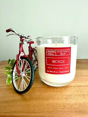 bicycle candle cherry almond vetiver cedar scent clear tumbler red label