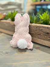 Load image into Gallery viewer, Pink stuffed bunny with soft sherpa fabric and white pom-pom tail. (3.5&quot; x 6.75&quot; x 1.5&quot;)

