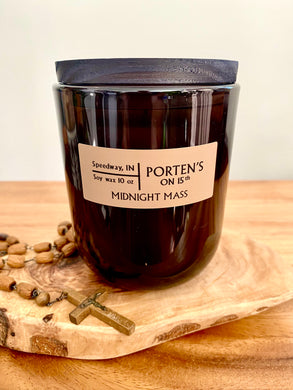 Midnight Mass soy candle.  10 oz in a black tumbler jar.  With hints of Incense - Smoke - Frankincense - Myrrh - Amber - Musk - Leather - Oud