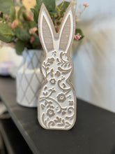 Load image into Gallery viewer, Wooden bunny figurine, hand-carved, floral pattern, home decor, Easter gift.
