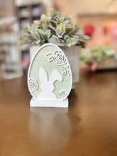 Load image into Gallery viewer, Laser-cut bunny floral egg, handcrafted, wood, Easter decor, spring decor.
