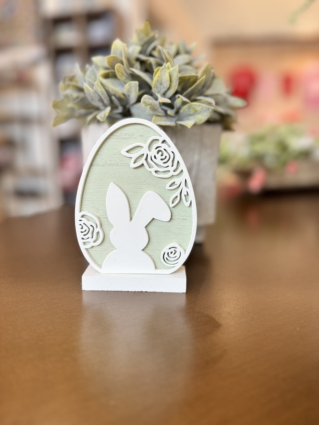Laser-cut bunny floral egg, handcrafted, wood, Easter decor, spring decor.