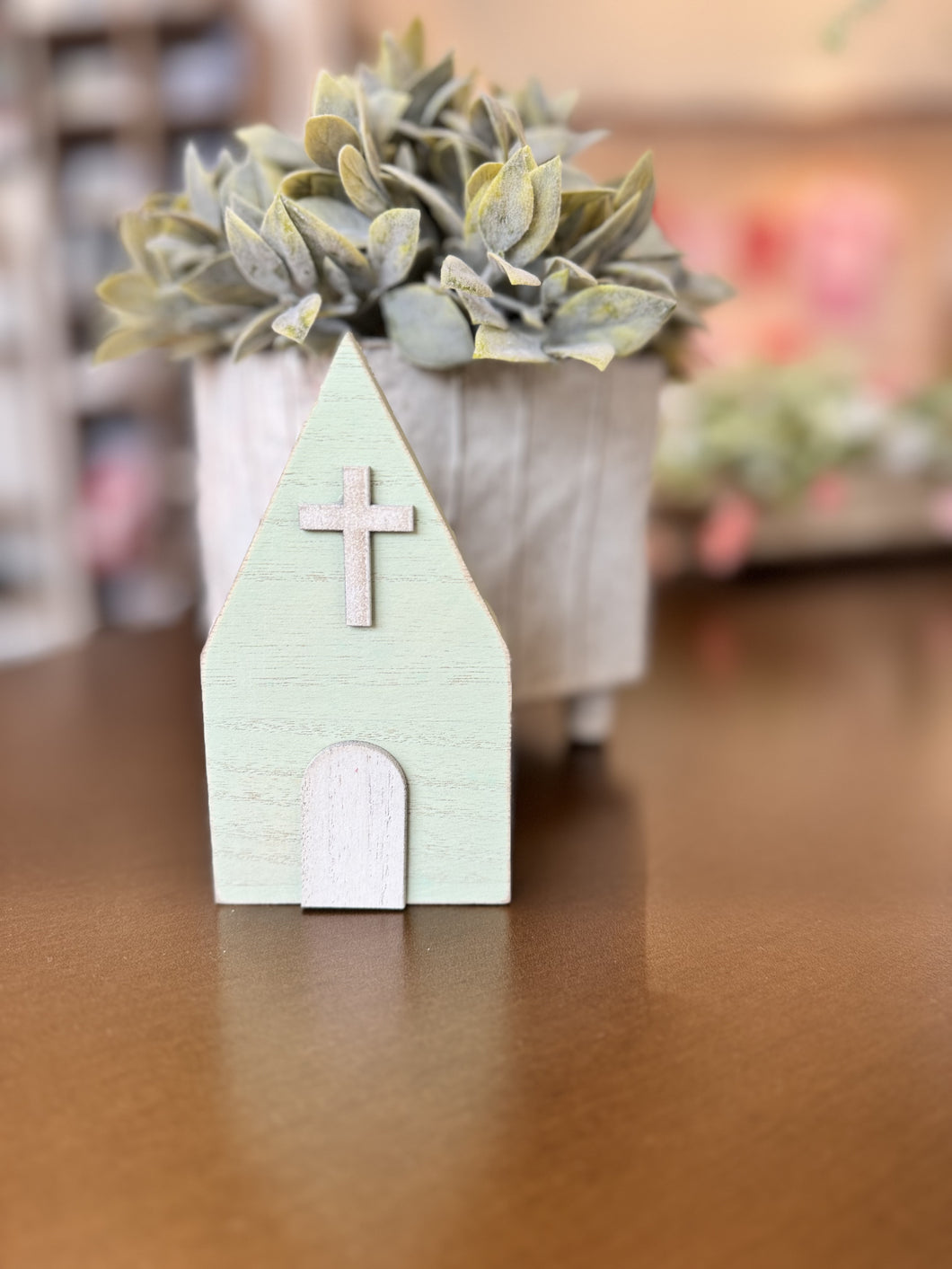 Wooden church decoration, handcrafted, 3D details, sage green, faith gift.