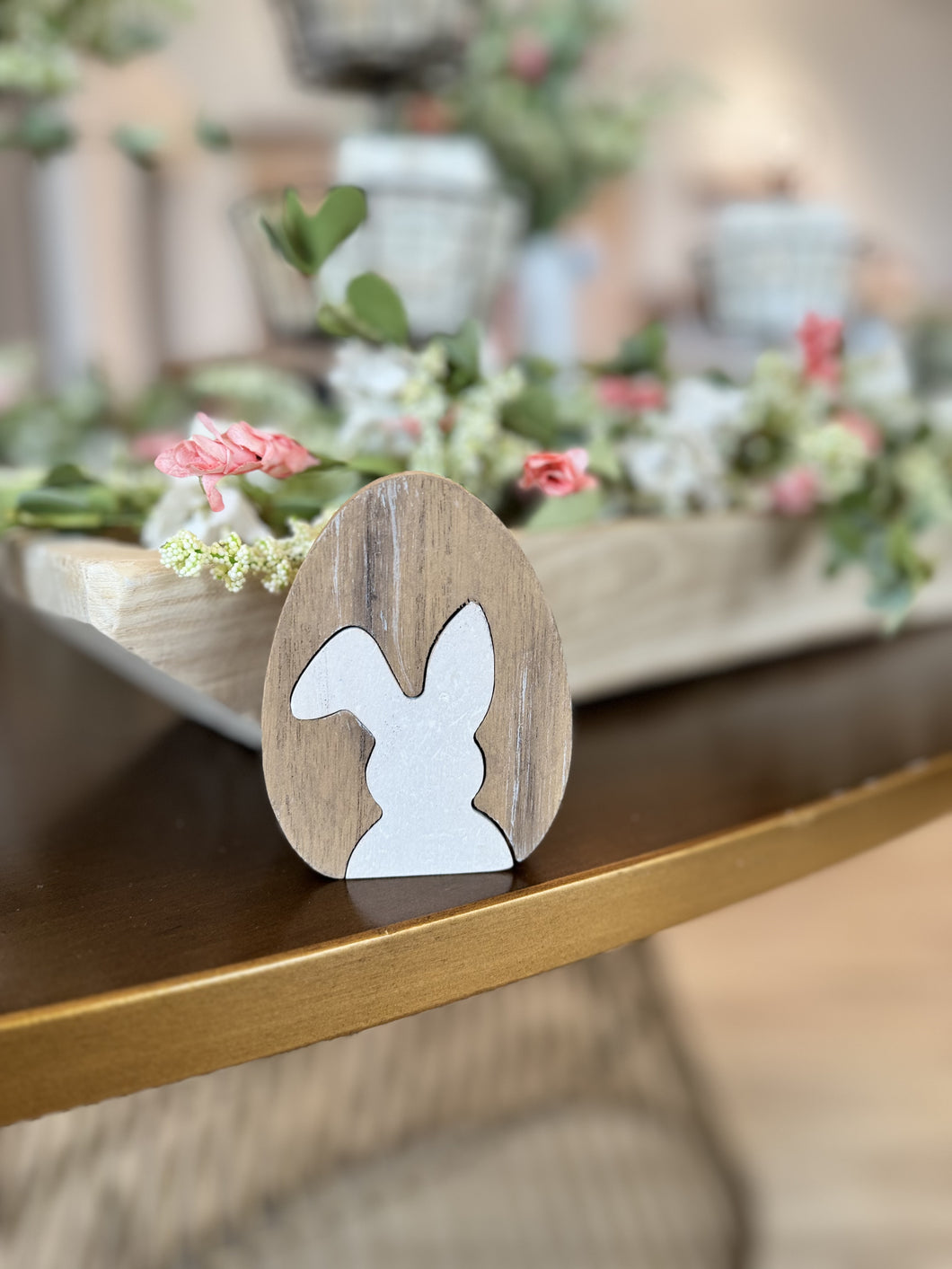 Wooden Easter egg decoration, handcrafted, bunny cutout, vintage, Easter gift.