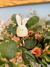 Load image into Gallery viewer, Whimsical white bunny silhouette garden pick made with durable wood. White and gray striped dowel adds a touch of charm. Perfect for flower beds, potted plants, or as a unique gift. (3&quot; wide, 12.75&quot; tall, .5&quot; deep)

