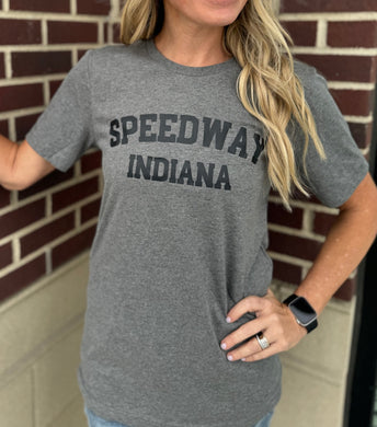 Heather Grey Speedway Indiana tee.  Lettering is in black block font. The back says 