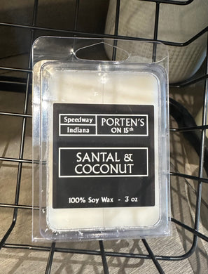 Santal & Coconut soy wax melts in clear plastic packaging that is reclosable. 