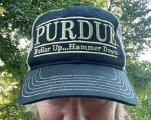 Load image into Gallery viewer, Purdue University Trucker Hat with Art Under Bill by Justin Patten (Black) (Boiler Up... Hammer Down)
