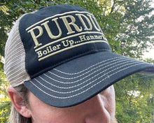 Load image into Gallery viewer, Purdue University Trucker Hat with Art Under Bill by Justin Patten (Black) (Boiler Up... Hammer Down)
