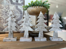 Load image into Gallery viewer, 8&quot; distressed white wooden Christmas tree on stand. 
