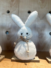Load image into Gallery viewer, Easter plush bunny on wooden base with twine bow around it&#39;s neck and wood beads at the ends. 

