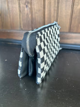 Load image into Gallery viewer, side view of 3 compartment checkered crossbody purse. 
