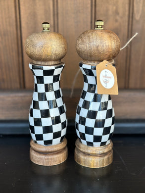 Black and whtie checkered salt and pepper grinders by Mud Pie.  Mango wood on top and bottom.  